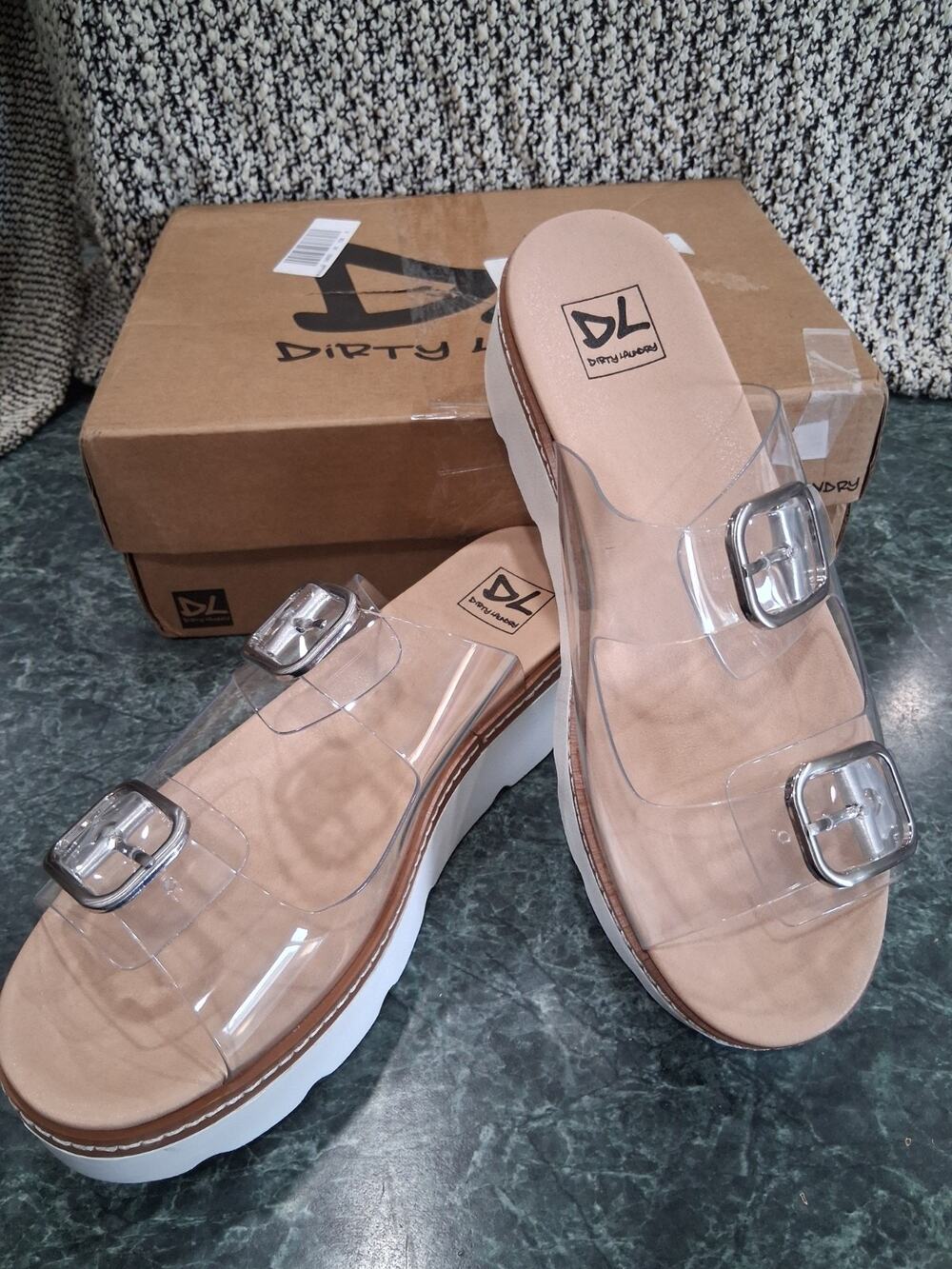 DL Dirty Laundry Stanton Clear Double Buckle Platform Slide Sandals 10 M New $80